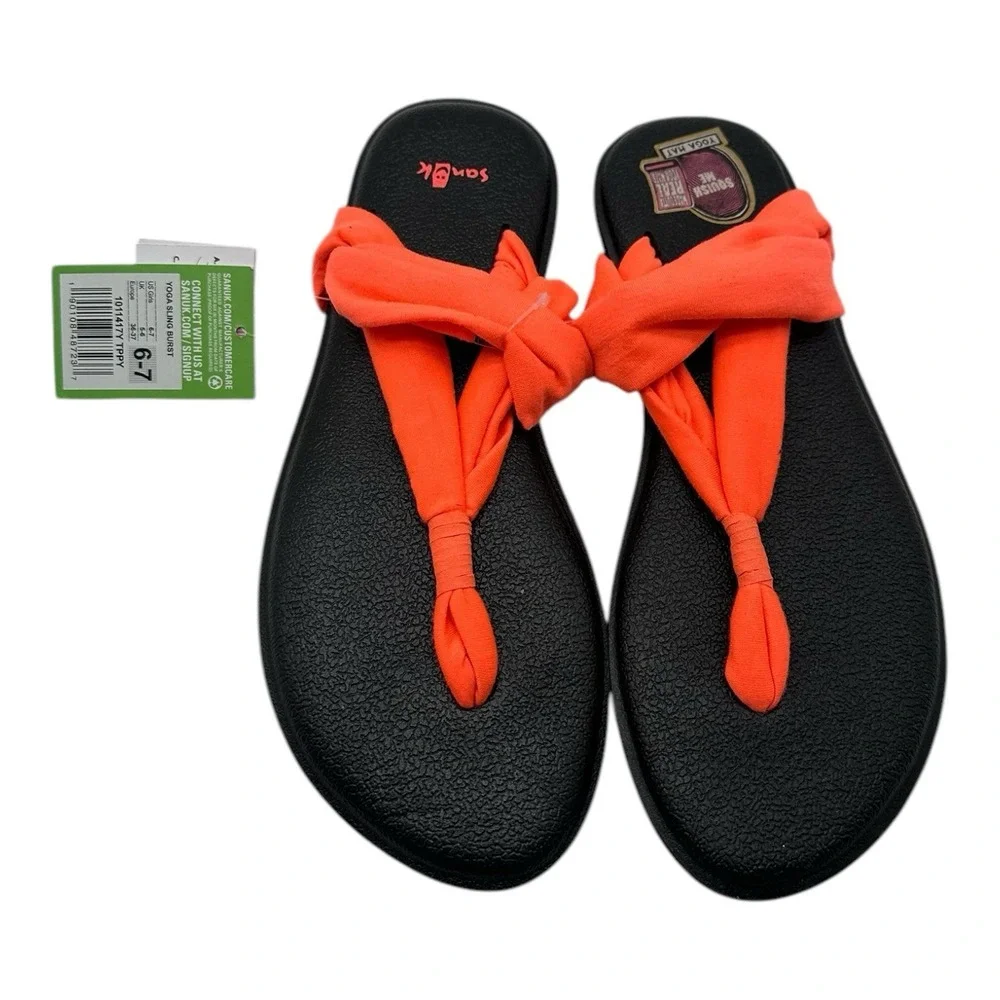 Sanuk Yoga Sling Burst Sandals YOUTH Girls Size 6-7 Black Orange Flip Flops‎ NWT